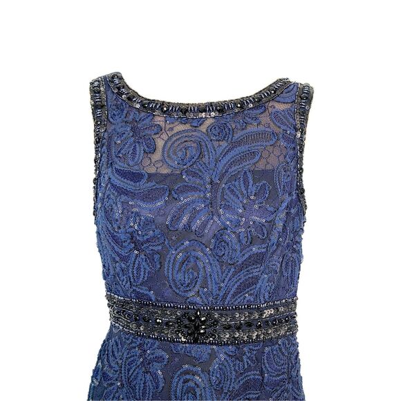 Sue Wong Evening Gown 4 Navy Blue  Beaded Embroidered Lace Boat Neck Open‎ Back - Picture 2 of 9
